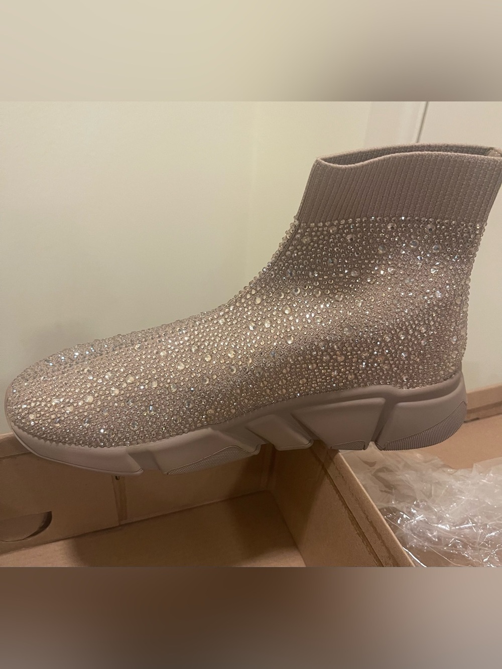 Steve Madden Crystal-Embellished Sock Boot in Nude